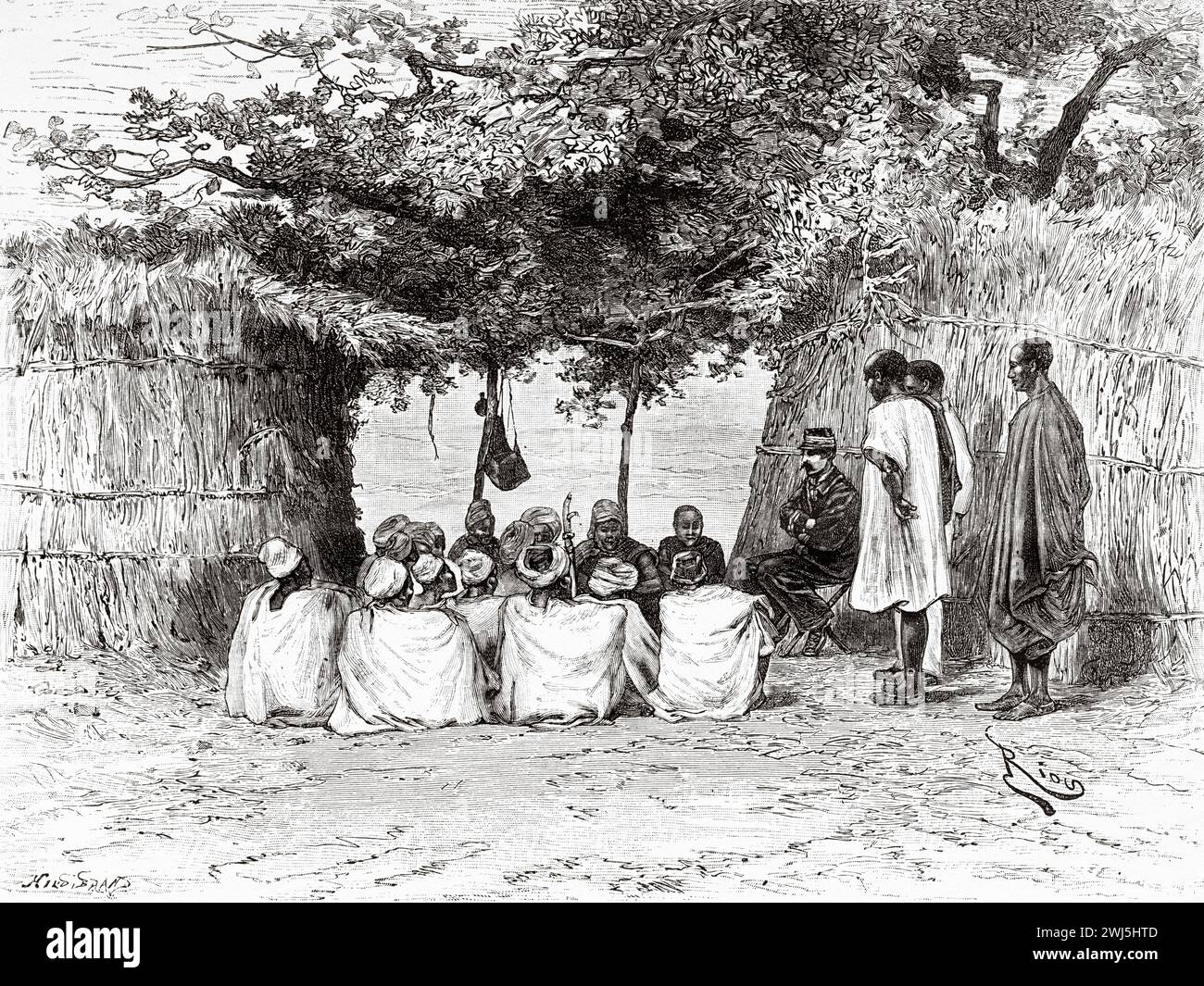 Meeting with members of the town of Niagassola, Guinea. Africa. Two campaigns in French Sudan, 1886-1888 by Joseph Simon Gallieni (1849 - 1916) Le Tour du Monde 1890 Stock Photo