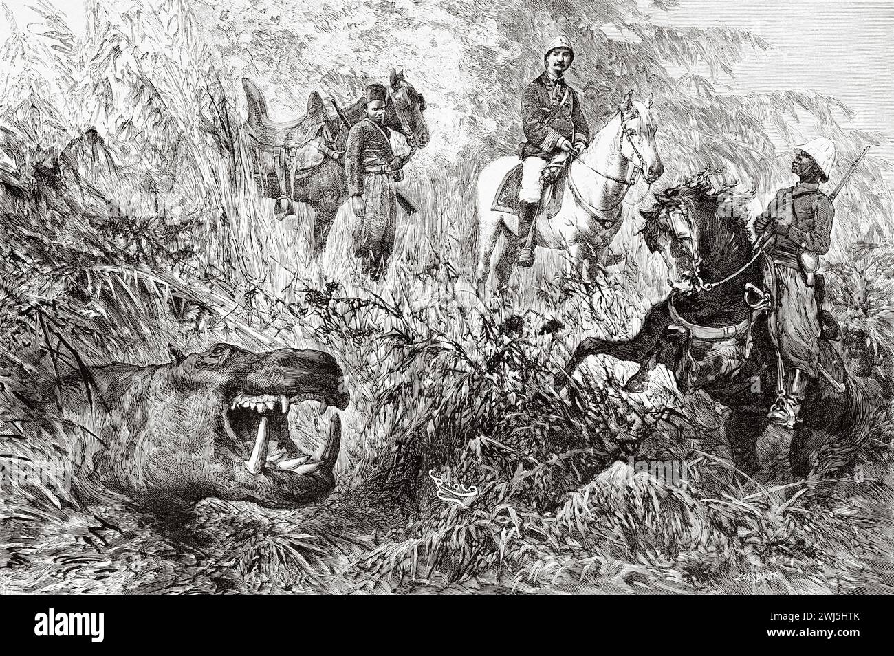 Encounter with a hippopotamus, Guinea. Africa. Two campaigns in French Sudan, 1886-1888 by Joseph Simon Gallieni (1849 - 1916) Le Tour du Monde 1890 Stock Photo