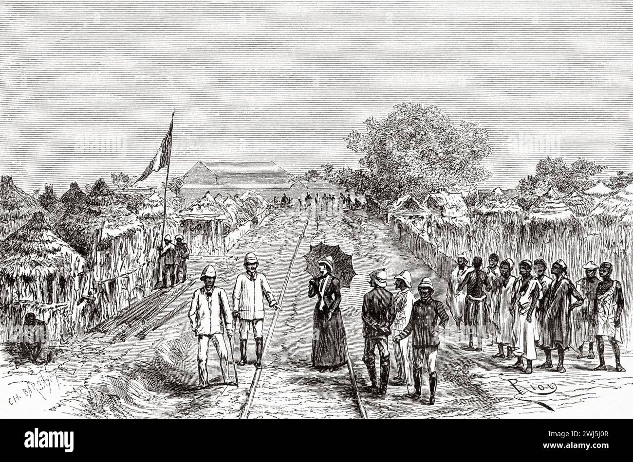Laying the last rail of the railway in Bafoulabé, Guinea. Africa. Two campaigns in French Sudan, 1886-1888 by Joseph Simon Gallieni (1849 - 1916) Le Tour du Monde 1890 Stock Photo