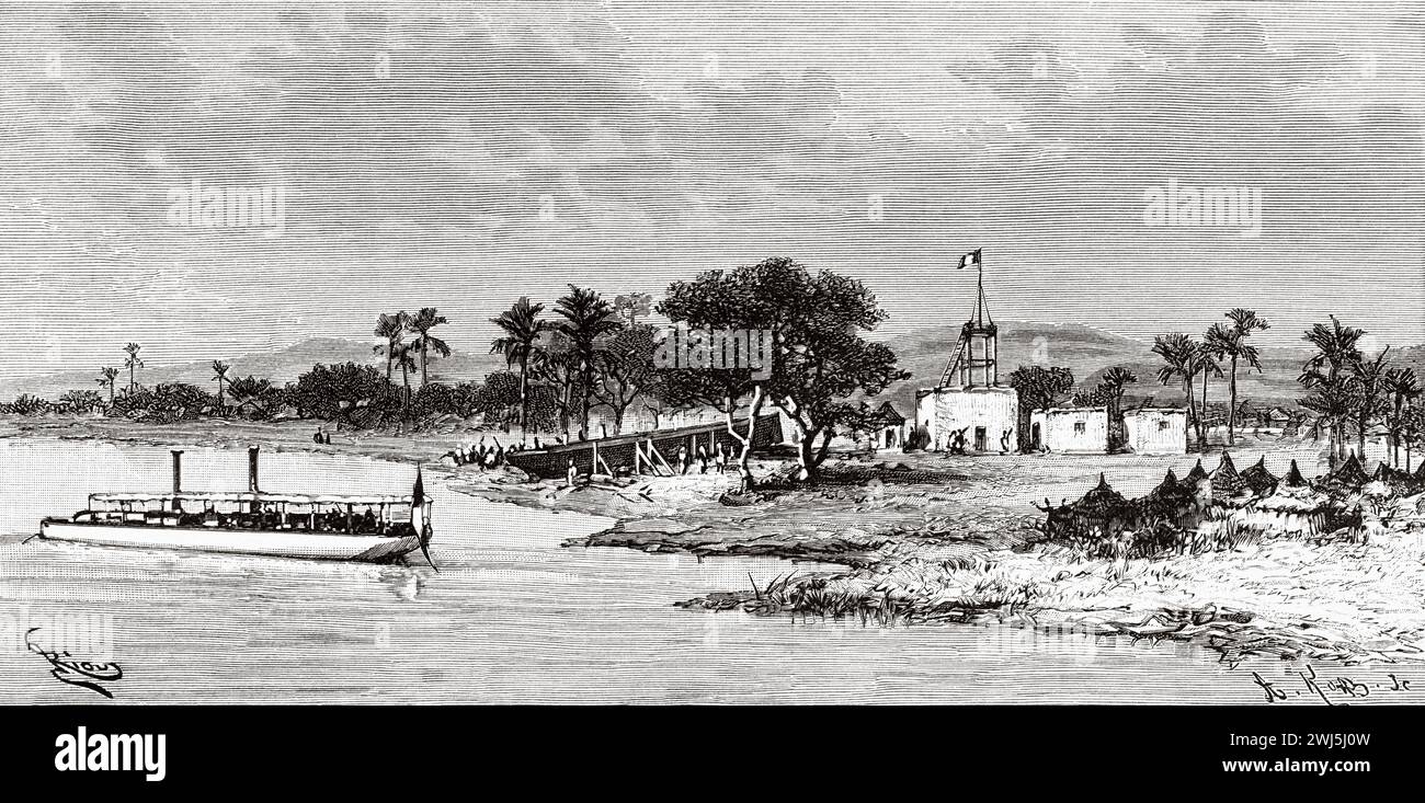 Magnambougou anchorage in Niger river, Guinea. Africa. Two campaigns in French Sudan, 1886-1888 by Joseph Simon Gallieni (1849 - 1916) Le Tour du Monde 1890 Stock Photo