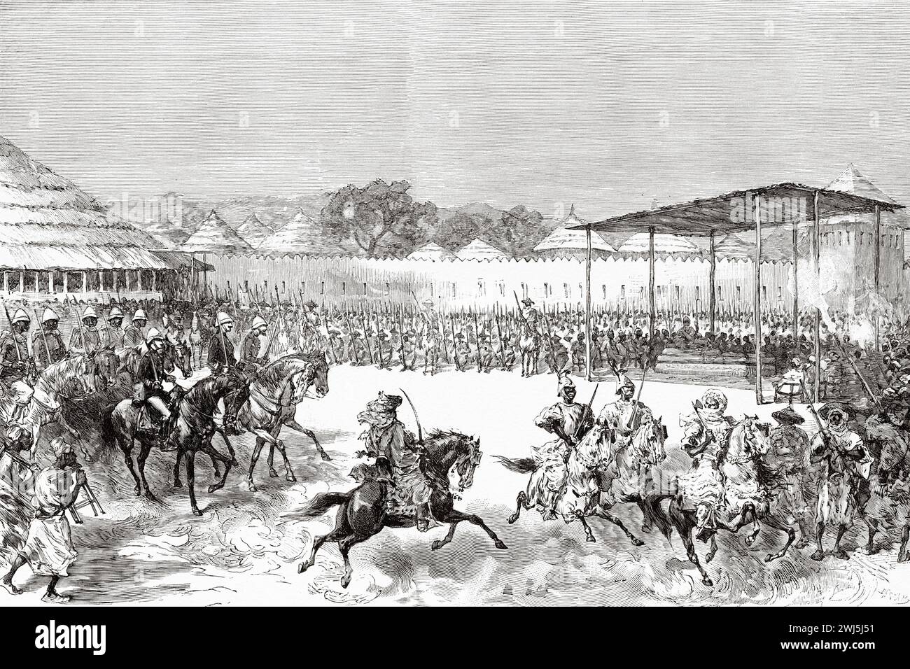Arrival of the mission in Bissandugu, Guinea. Africa. Two campaigns in French Sudan, 1886-1888 by Joseph Simon Gallieni (1849 - 1916) Le Tour du Monde 1890 Stock Photo