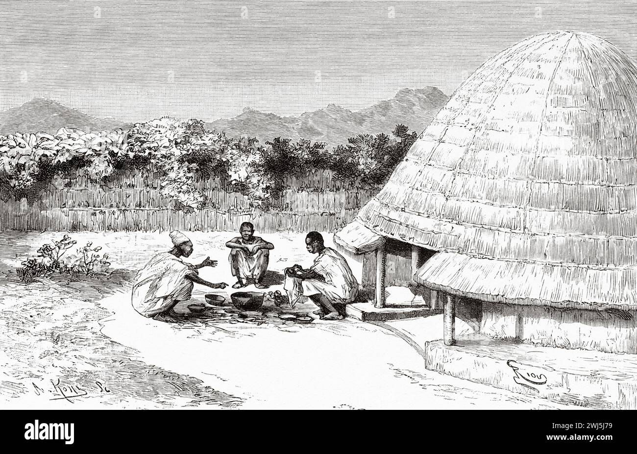 Mission accommodation in Fougoumba, Guinea. Africa. Two campaigns in French Sudan, 1886-1888 by Joseph Simon Gallieni (1849 - 1916) Le Tour du Monde 1890 Stock Photo