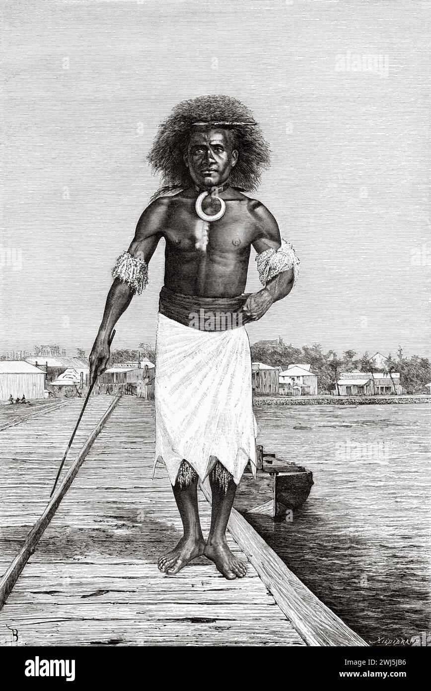 Native chief at Suva, Fiji island, Oceania. Travel to the Fiji Islands 1889 by Gerrit Verschuur (1840-1906) Le Tour du Monde 1890 Stock Photo