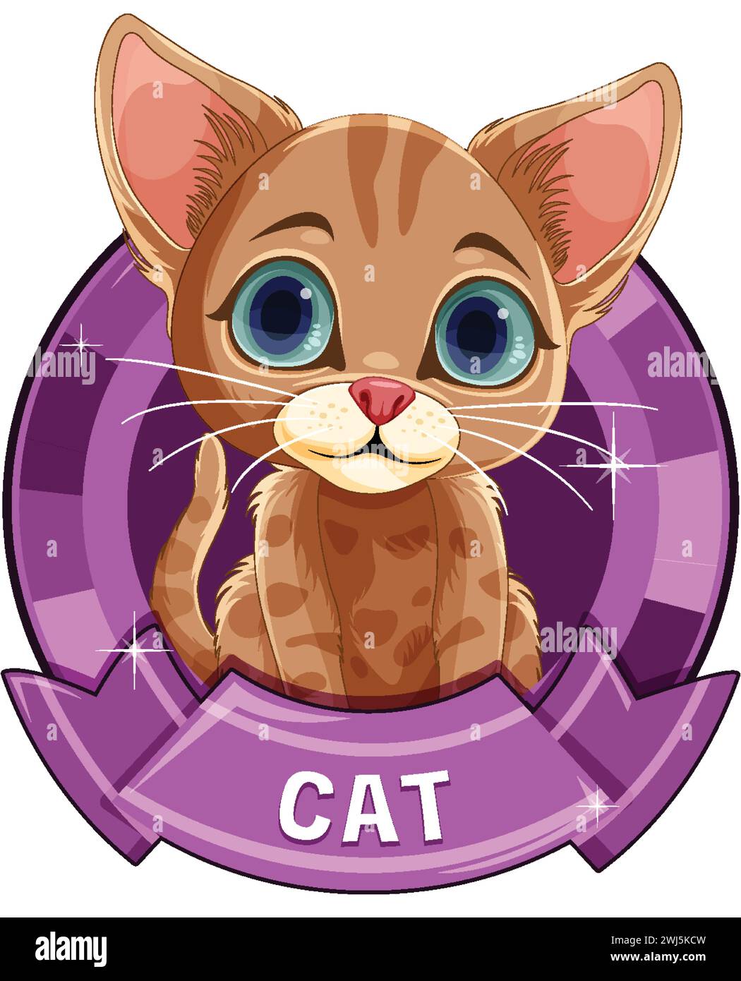 Cute brown tabby kitten inside a purple emblem Stock Vector