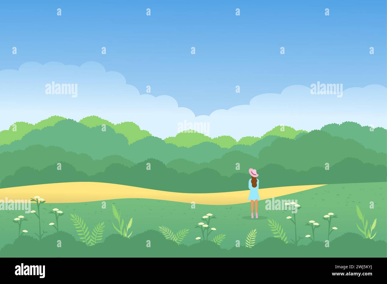 Panorama of spring or summer and beautiful nature, green grasslands, meadow with a woman standing enjoying the natural view. Landscape vector illustra Stock Vector