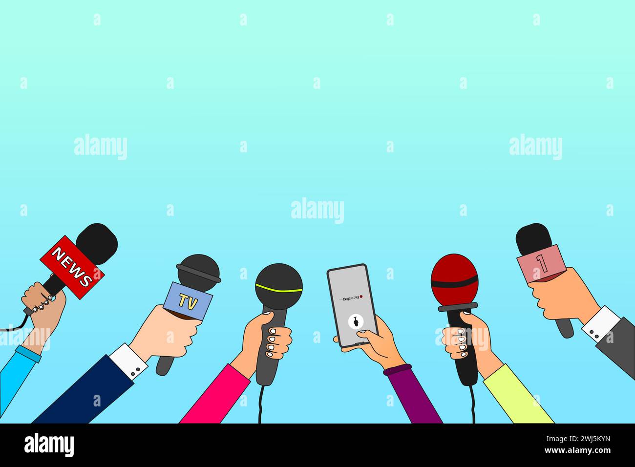 Journalist hands with microphones and smartphone. Reporters with mics take interview for news broadcast, press conference or newscast. Media vector co Stock Vector
