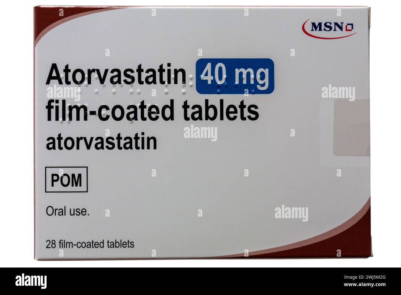 Packet of Atorvastatin film-coated tablets statins pack 40 mg isolated on white background Stock Photo