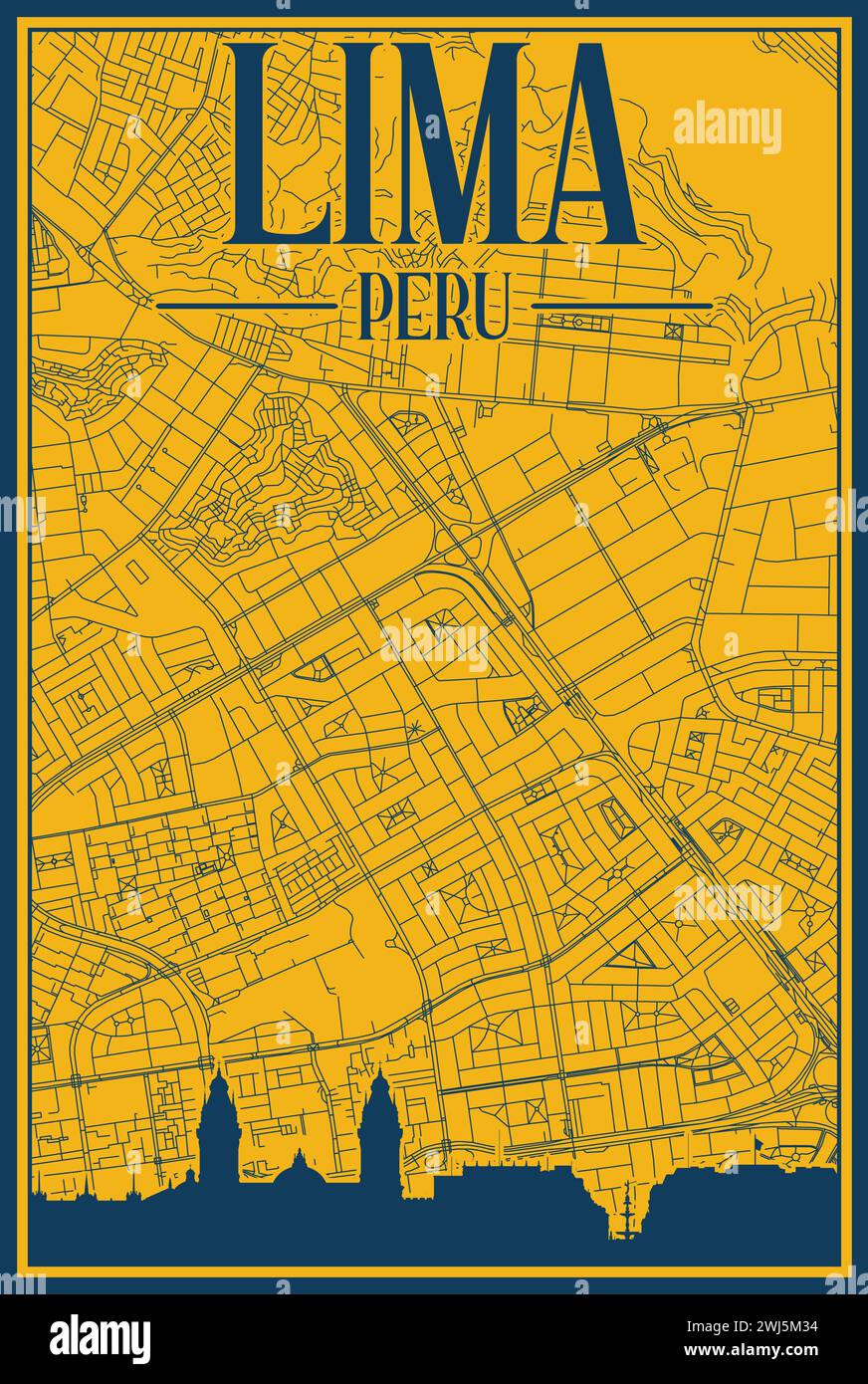 Road network and skyline poster of the downtown LIMA, PERU Stock Vector