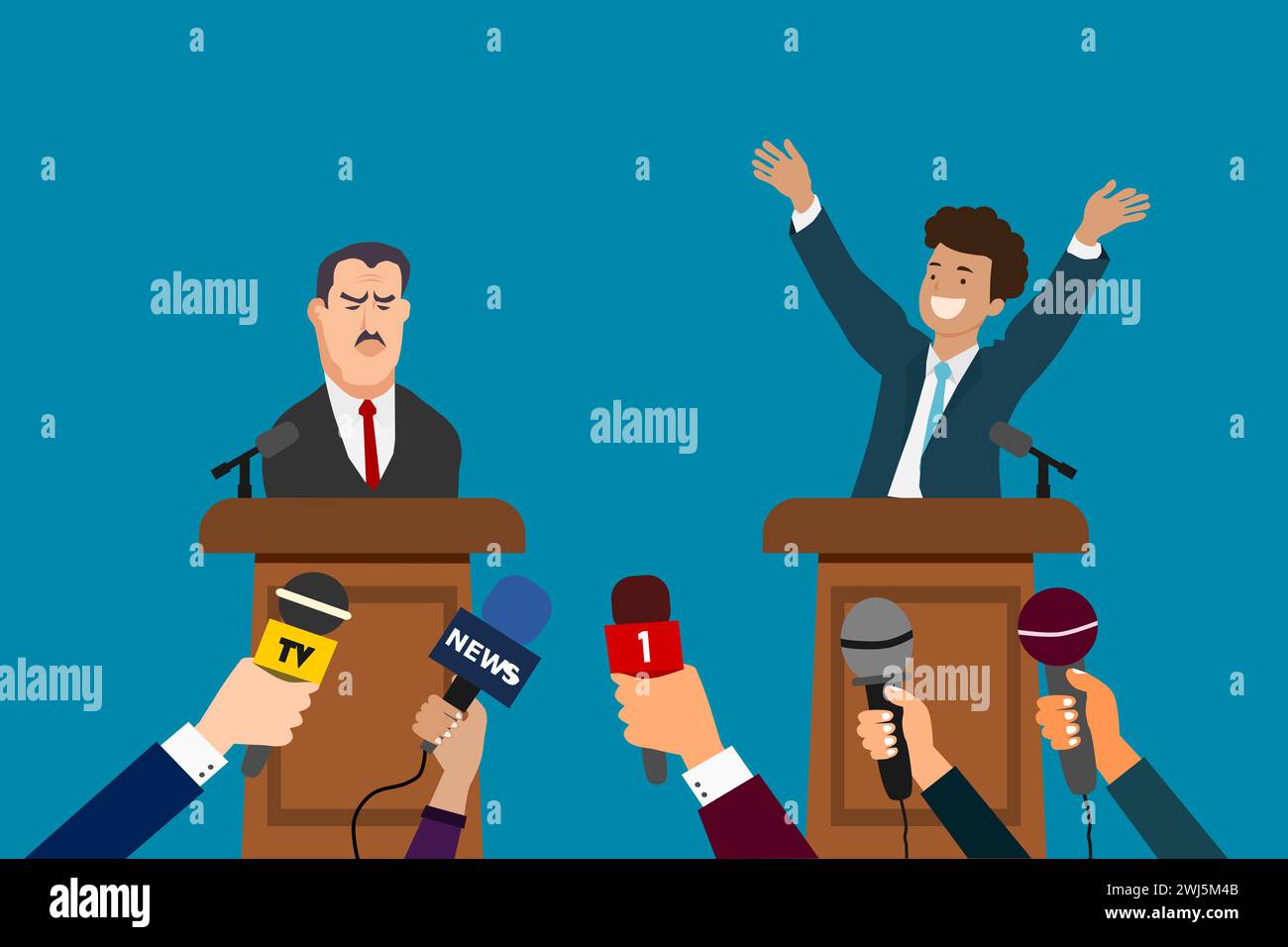 Debate concept. Candidate for president at the podium. Political speech. Presidential election. Journalist or press media hands with microphones. Stock Vector