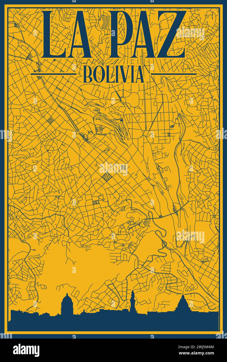 Road network and skyline poster of the downtown LA PAZ, BOLIVIA Stock
