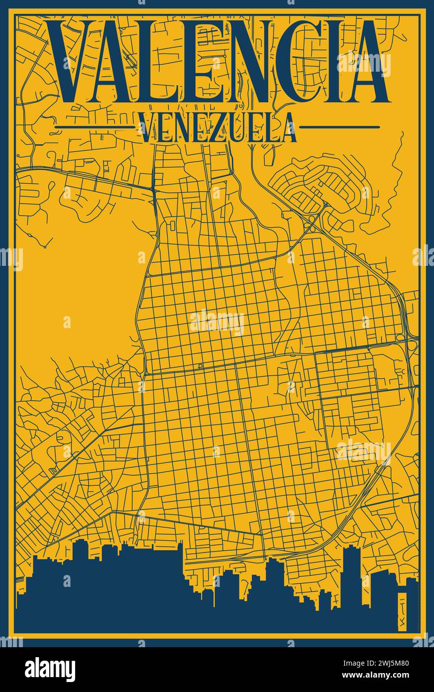 Road network and skyline poster of the downtown VALENCIA, VENEZUELA Stock Vector