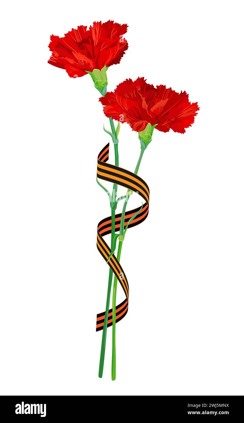 Red carnations isolated on a white background. A bouquet with a St. George ribbon to honor the fallen heroes. Vector clipart for greeting cards for Vi Stock Vector