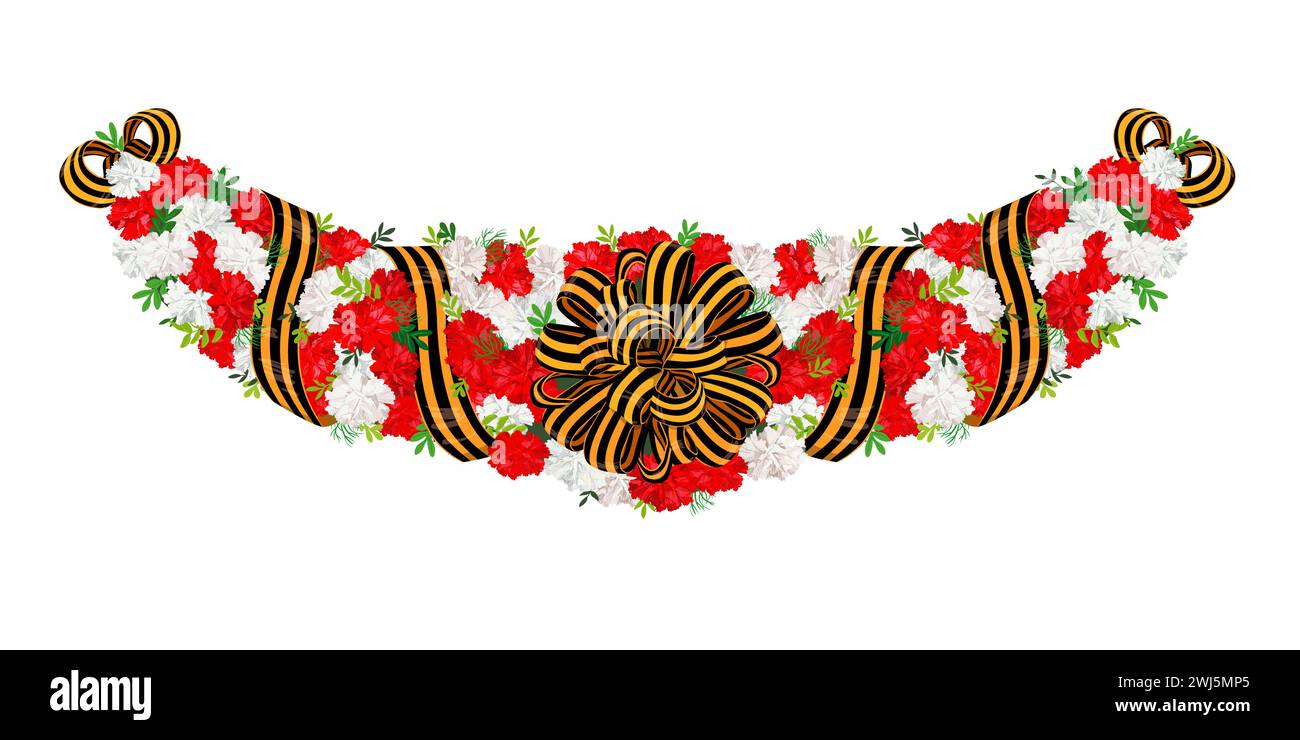 Garland of carnations and St. George ribbons. Victory Day. A traditional bouquet for laying at the grave of fallen soldiers. Stock Vector