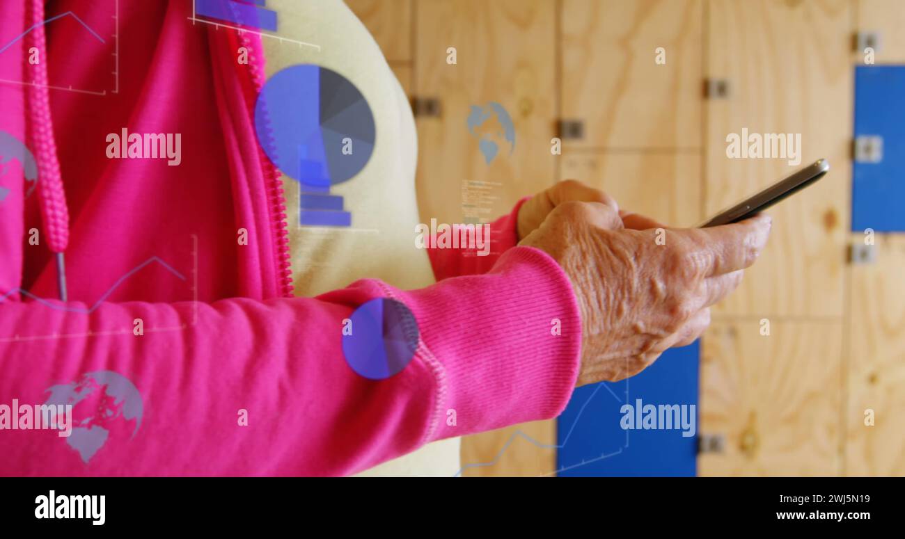 Image of data processing and graphs over woman using smartphone Stock Photo