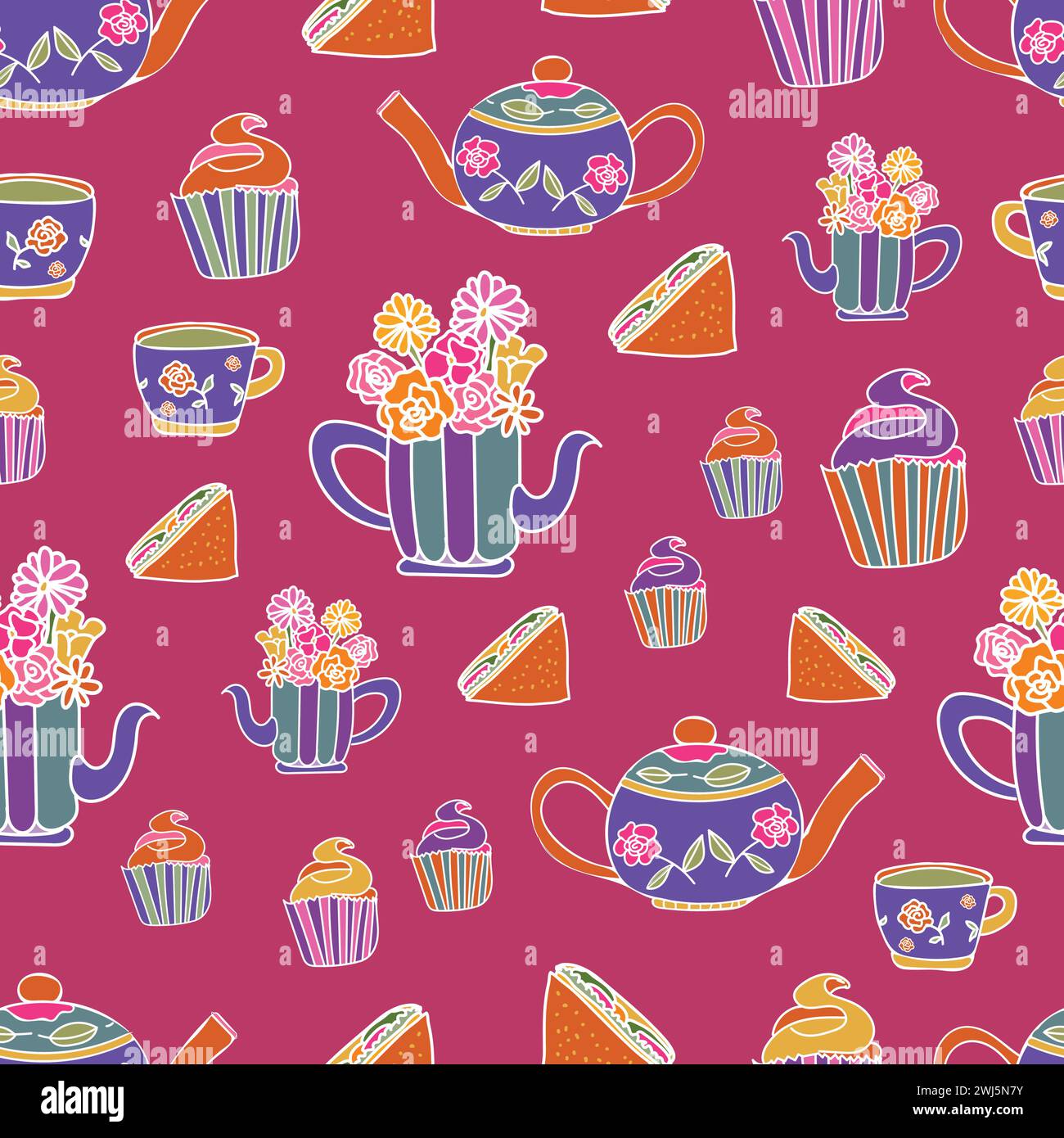 vector hand drawn garden tea party elements seamless pattern perfect for wrapping paper