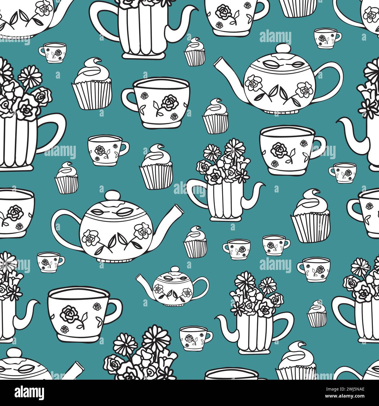 vector hand drawn garden tea party elements seamless pattern perfect for wrapping paper