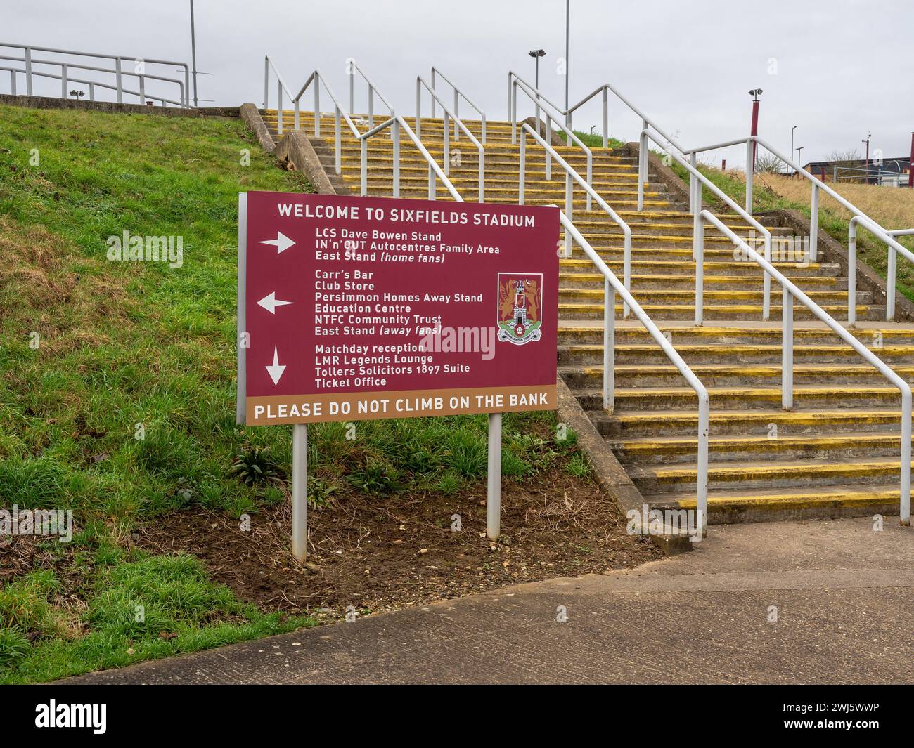 Signage at Sixfields Stadium, home ground to the league team Northampton Town Football Club (known as the Cobblers), Northampton, UK Stock Photo