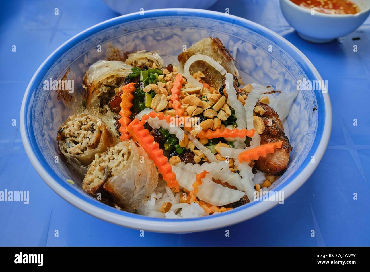 Rice vermicelli noodle with grilled pork and spring rolls (bun thit