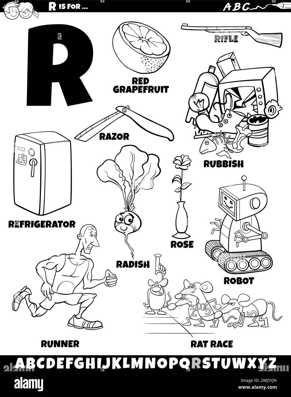 Cartoon illustration of objects and characters set for letter R coloring page Stock Vector