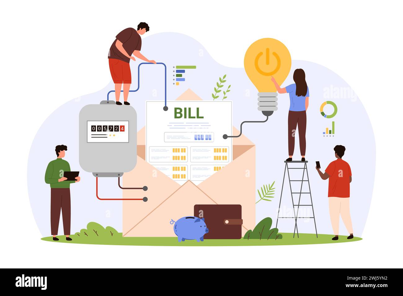 Payment for electricity using utility bill from paper letter. Tiny people check electric energy