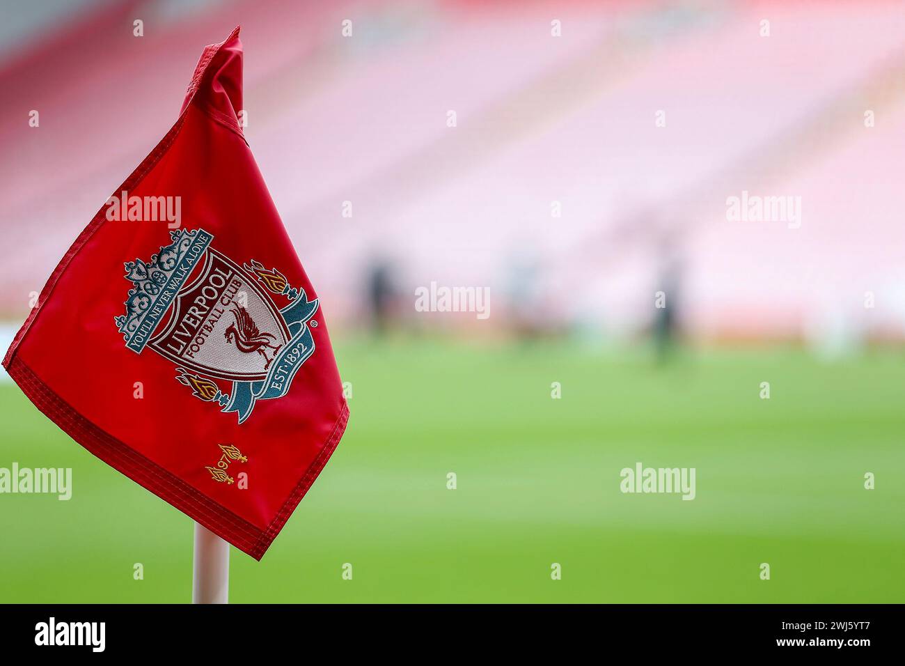 General view of the Liverpool FC corner flag. Premier League match, Liverpool v Burnley at Anfield in Liverpool on Saturday 10th February 2024.  this Stock Photo