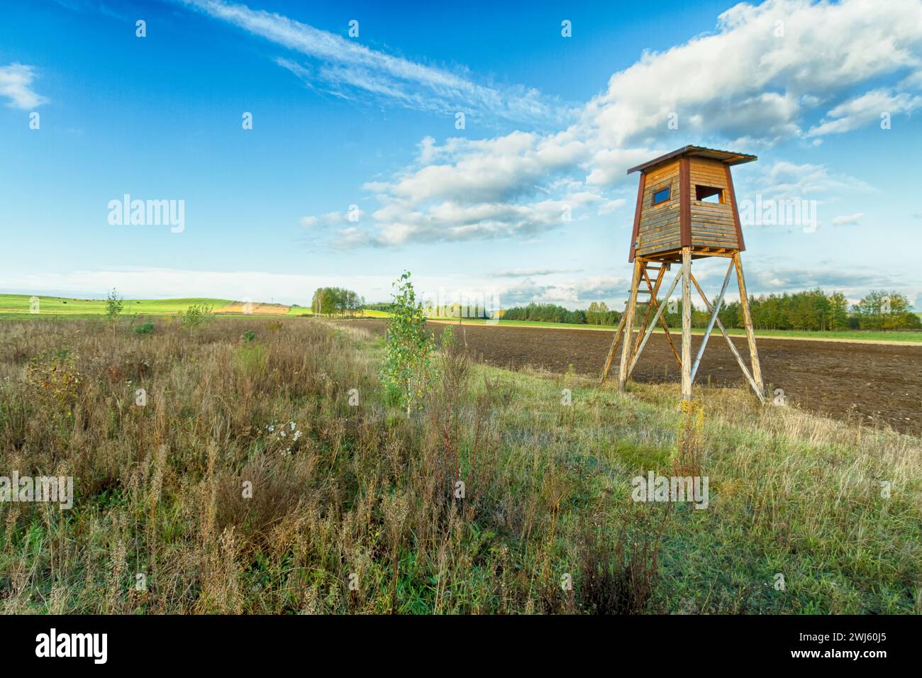 Landscape with hunting lodge in middle of meadow Stock Photo