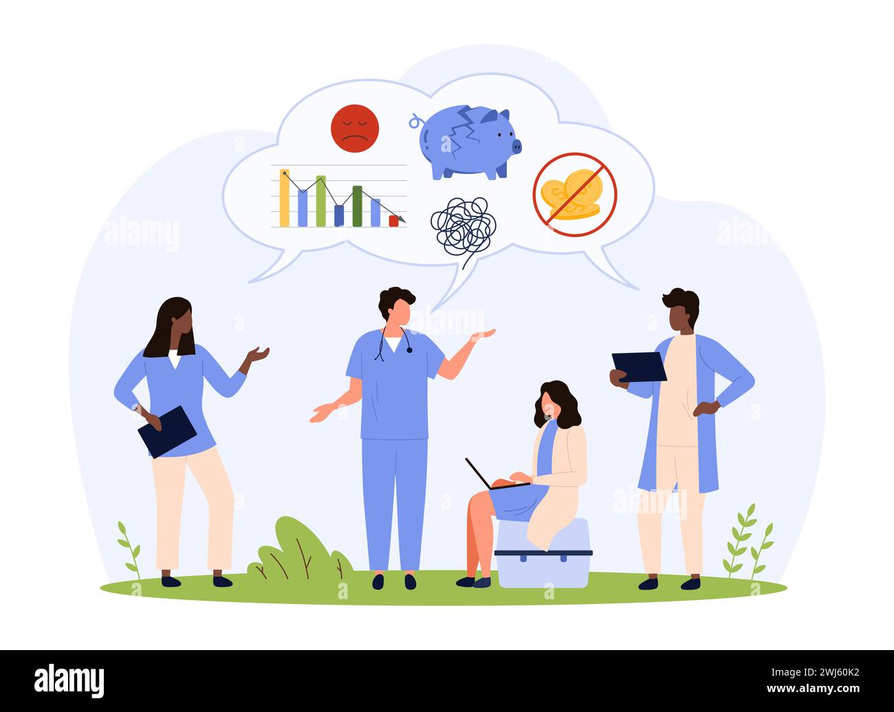 Low wages and income reductions for medical professional workers, hospital staff workforce shortage. Tiny doctors and nurses in uniforms in salary crisis and stress cartoon vector illustration Stock Vector