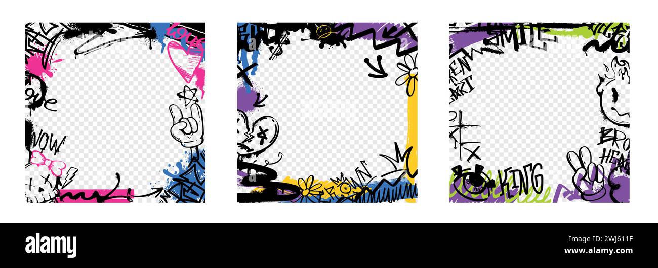 Graffiti border or frame with spray paint stickers, urban elements with ink drips. Vector set of covers with tags, abstract street art decoration and hand gestures isolated on transparent background. Stock Vector