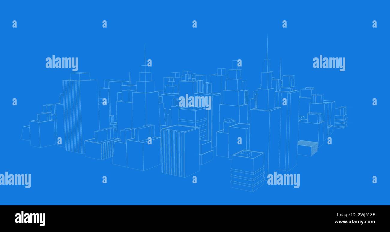 Digital image of blue 3D blueprint model of a city rotating against blue background Stock Photo