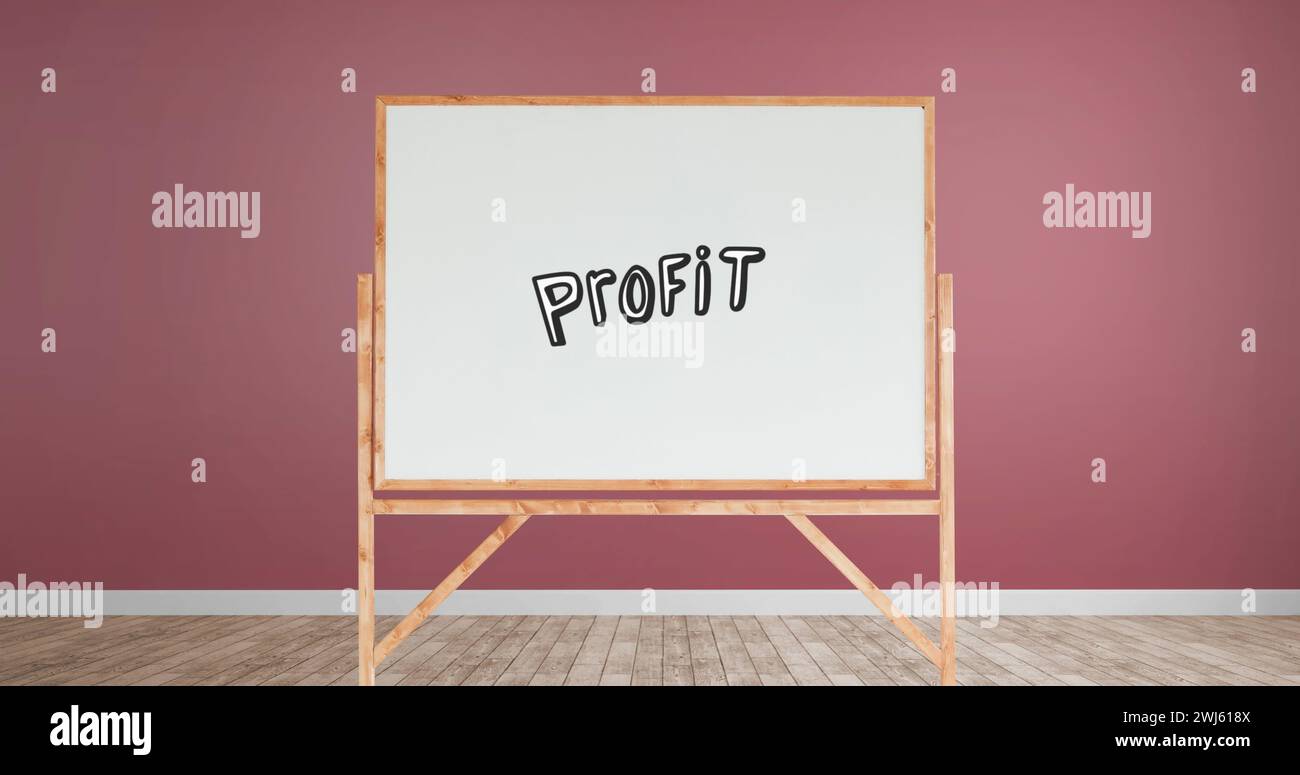 Digital image of a profit text written in a white board with wooden frames in a room with pink walls Stock Photo
