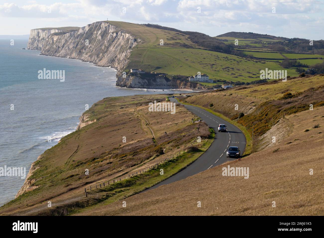 Coastal,erosion,road,cliff,chalk,scenic,drive,best,view,Southern Vectis,Breezer,A, 3055,Military Road, Freshwater, Compton,Bay,Isle of Wight, Stock Photo