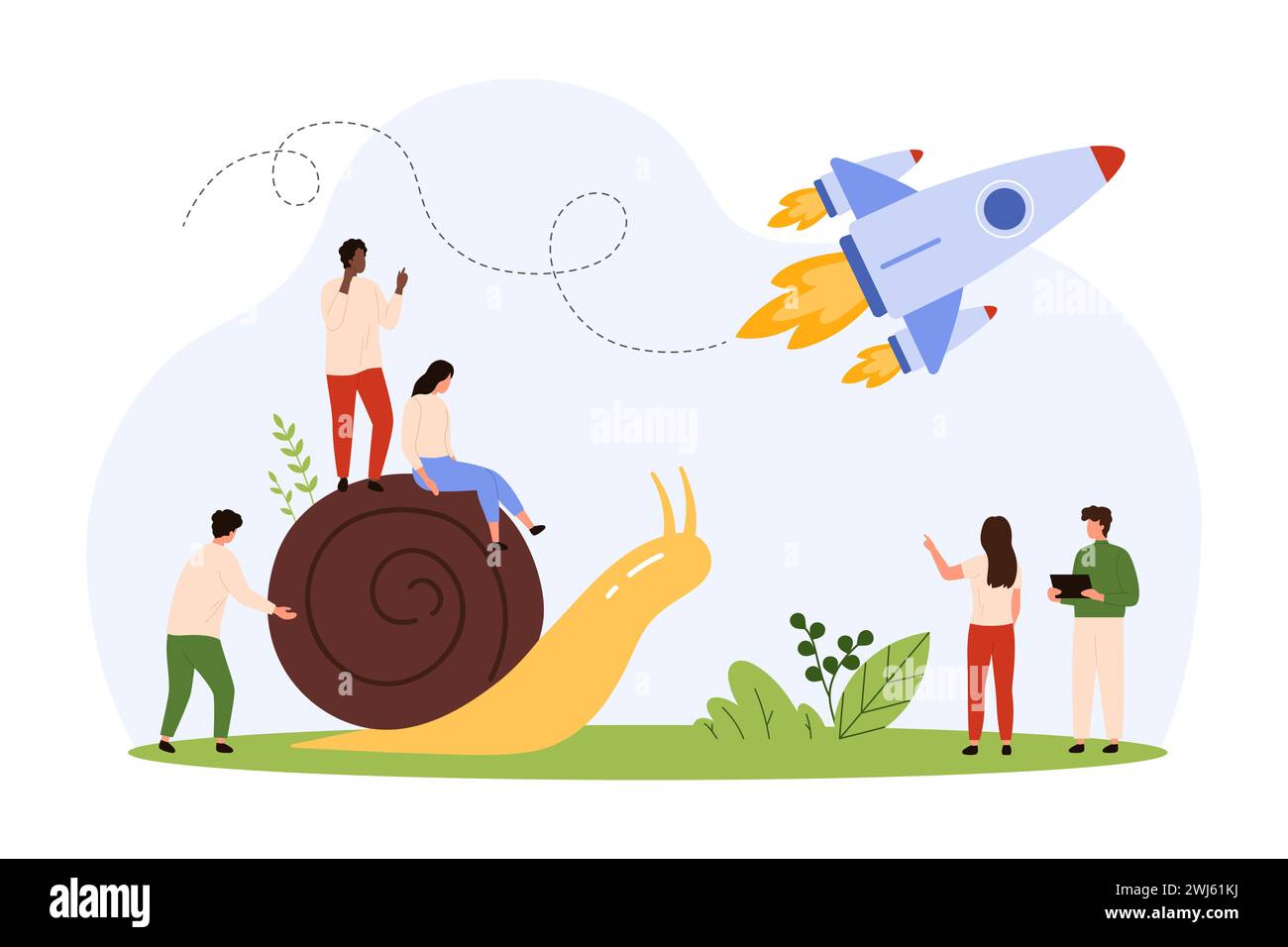 Boost professional career and business with ambitions, entrepreneurship and motivation for growth. Tiny people ride slowly on snail, speedy rocket flying in sky to goals cartoon vector illustration Stock Vector