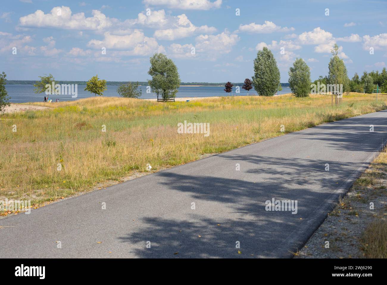 asphaltierter Radweg um den Bärwalder See mit Ausblick auf den See