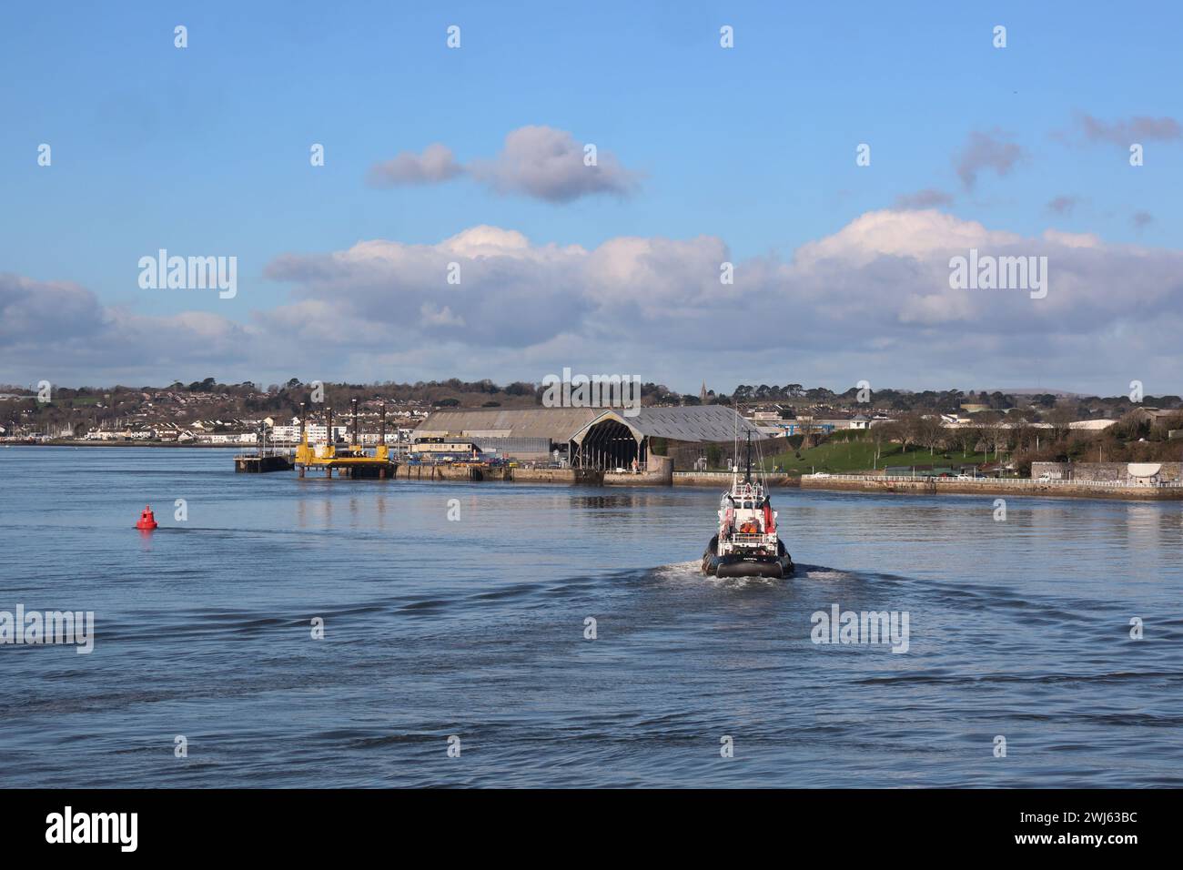 The SD Faithful On the Hamoaze at Devonport, seen from the stern with Mutton Cove and No 1 covered slipway forming a backdrop. Stock Photo