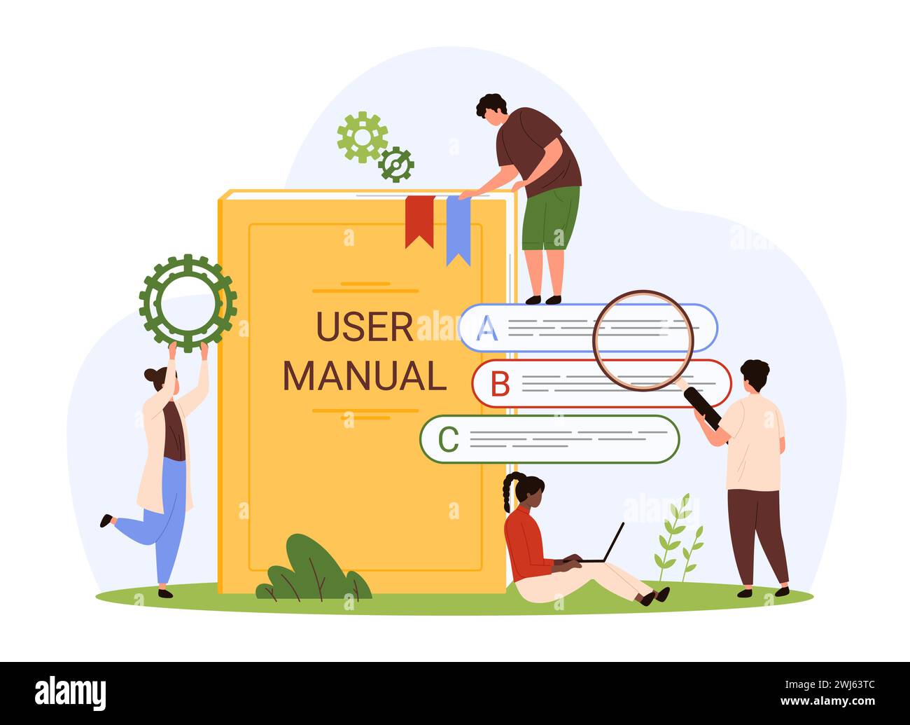 User manual, reference to guide, tutorial or library with FAQ. Tiny people with magnifying glass read advices of guidance book, study info text of electronic document cartoon vector illustration Stock Vector