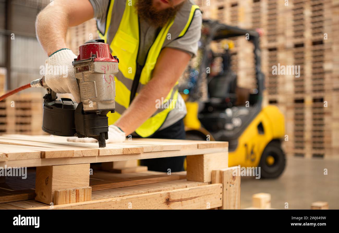 Young workers working in a woodworking factory, Using a nailing machine to assemble wooden pallets Stock Photo