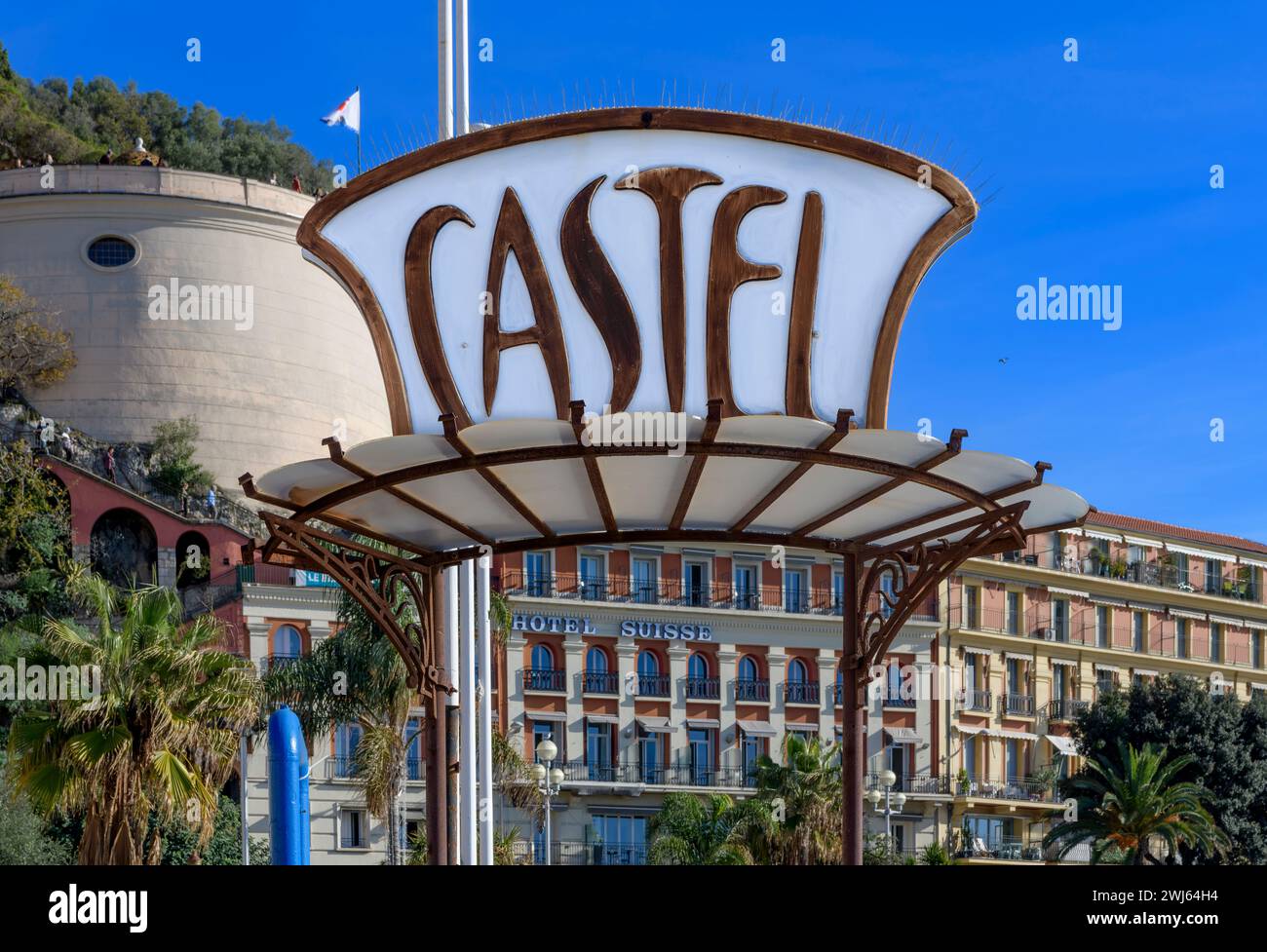 Iconic Art Deco Castel entrance sign to the steps down to the Hotel Castel beach in Nice, on the French Riviera - Côte d'Azur, southern France. Stock Photo