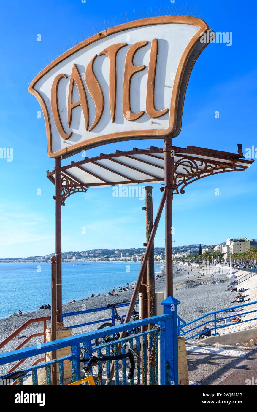 Iconic Art Deco Castel entrance sign to the steps down to the Hotel Castel beach in Nice, on the French Riviera - Côte d'Azur, southern France. Stock Photo