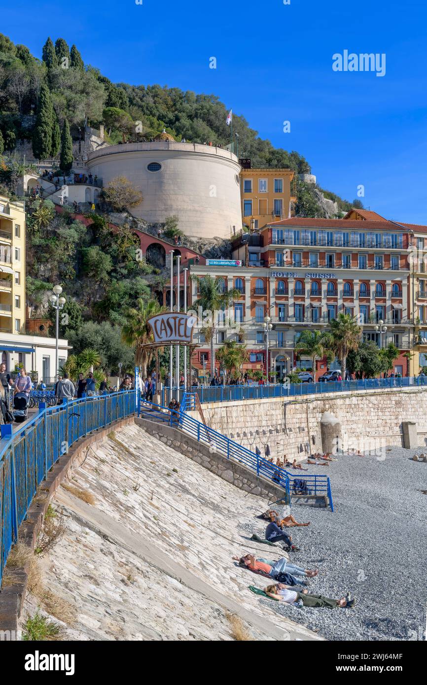 Castel Plage with its Iconic Art Deco entrance sign marking the steps down to the Hotel Castel beach in Nice, on the French Riviera - Côte d'Azur. Stock Photo