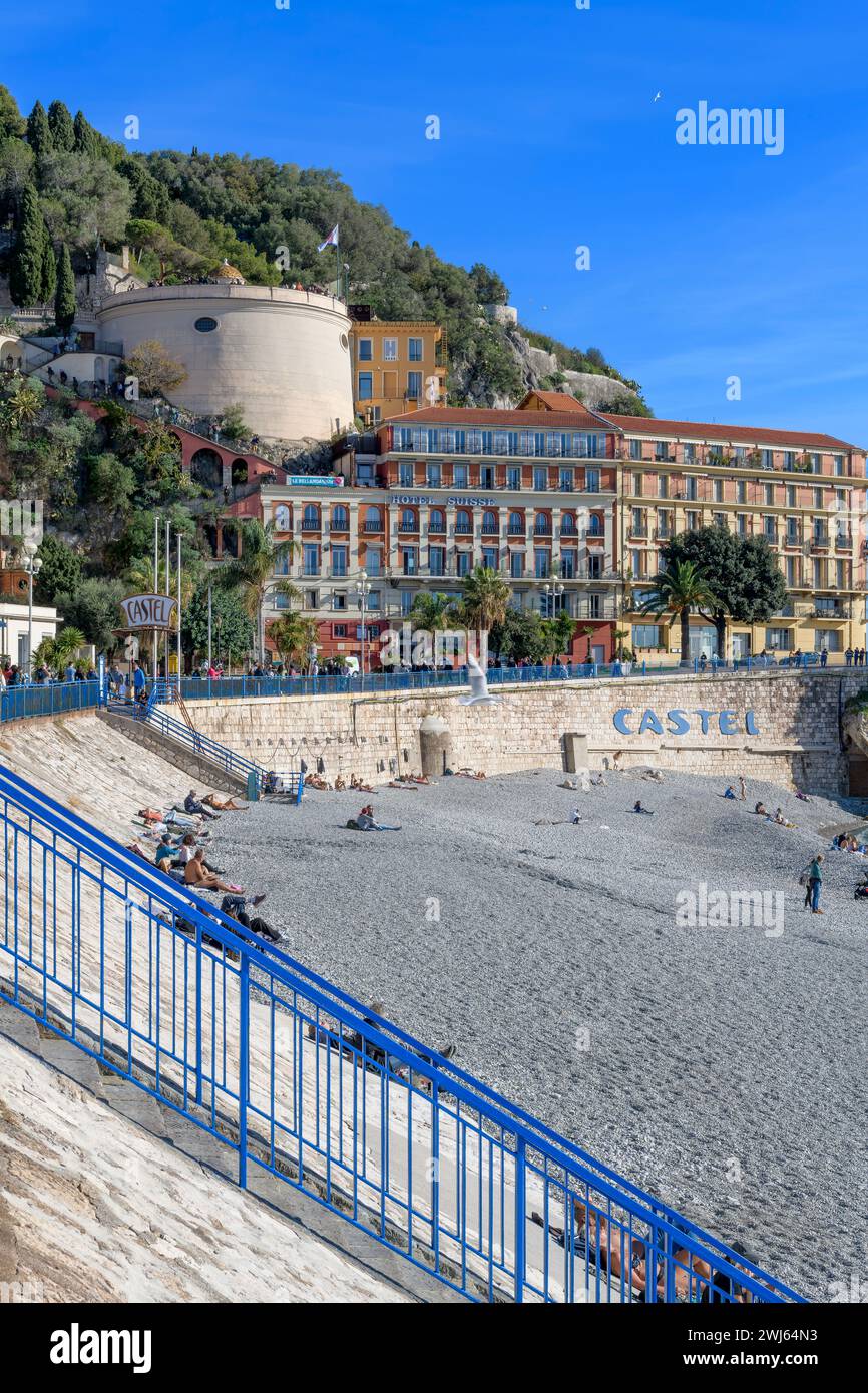 Castel Plage with its Iconic Art Deco entrance sign marking the steps down to the Hotel Castel beach in Nice, on the French Riviera - Côte d'Azur. Stock Photo
