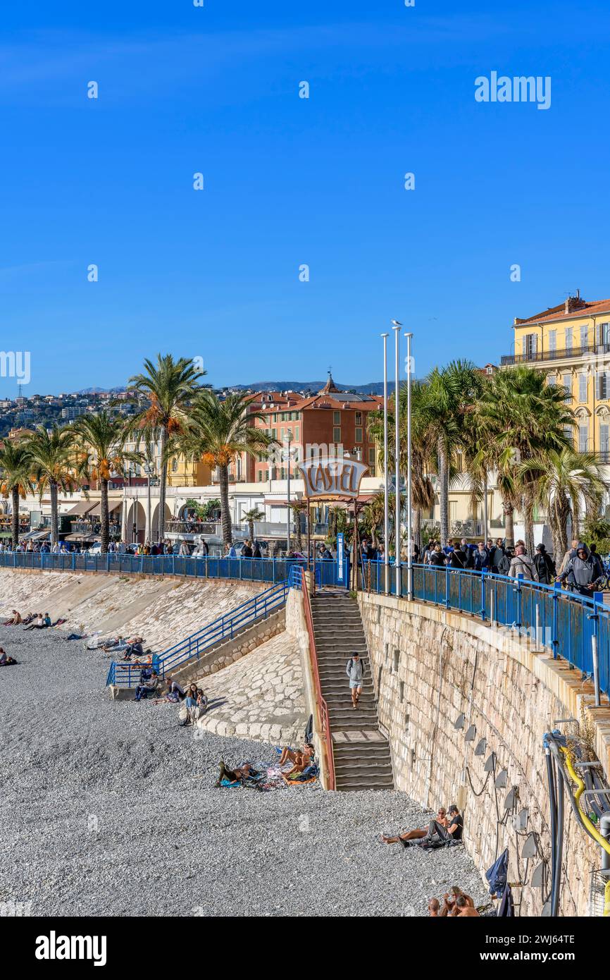 Castel Plage with its Iconic Art Deco entrance sign marking the steps down to the Hotel Castel beach in Nice, on the French Riviera - Côte d'Azur. Stock Photo