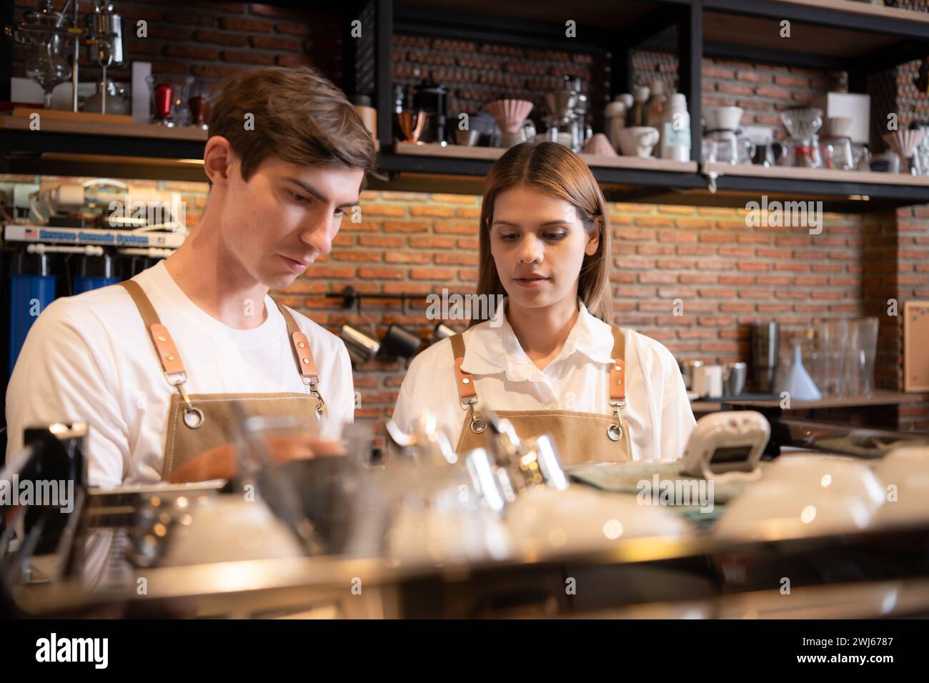 Barista working in cafe. Portrait of young male barista standing behind counter in coffee shop. Stock Photo