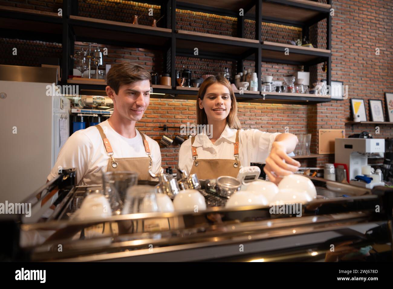 Barista working in cafe. Portrait of young male barista standing behind counter in coffee shop. Stock Photo