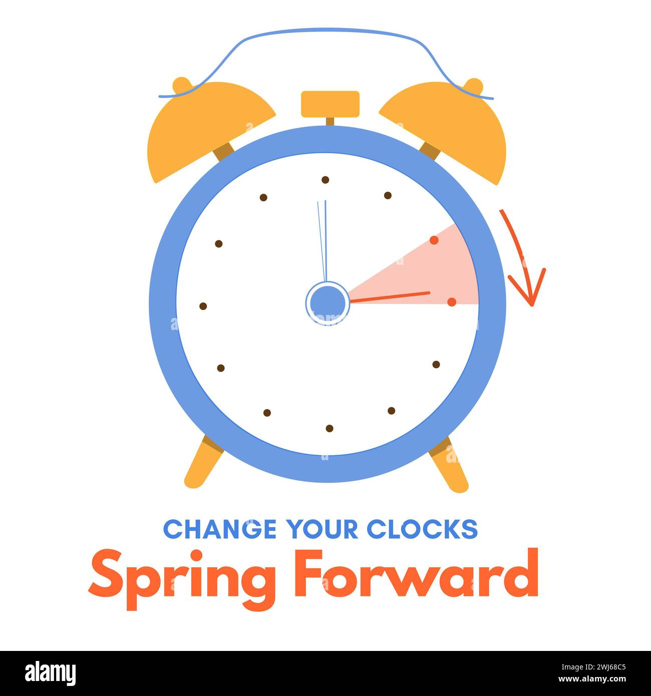 Spring Forward banner. Daylight saving time begins alarm clock turn