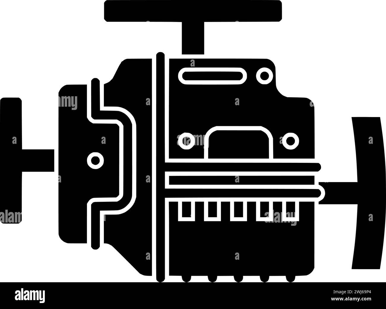 black Machine silhouette or flat turbo illustration of technology logo diesel for cylinder with mechanical icon and power shape metal as steel to engi Stock Vector