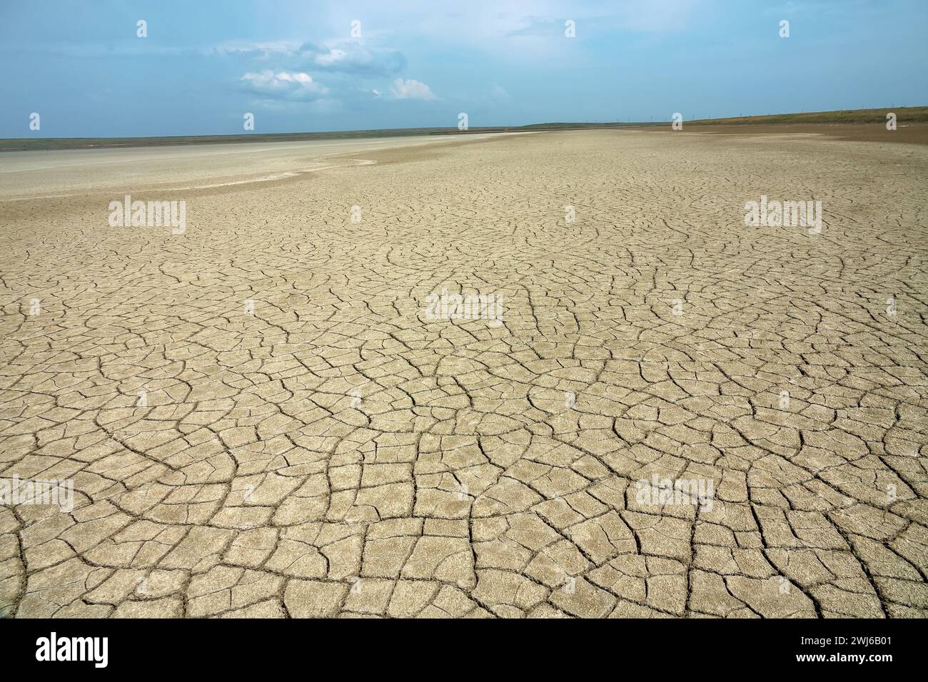 Driedup lake basin (dry lakebed), alkali flat. Semi desert saltmarsh. The soil is cracked