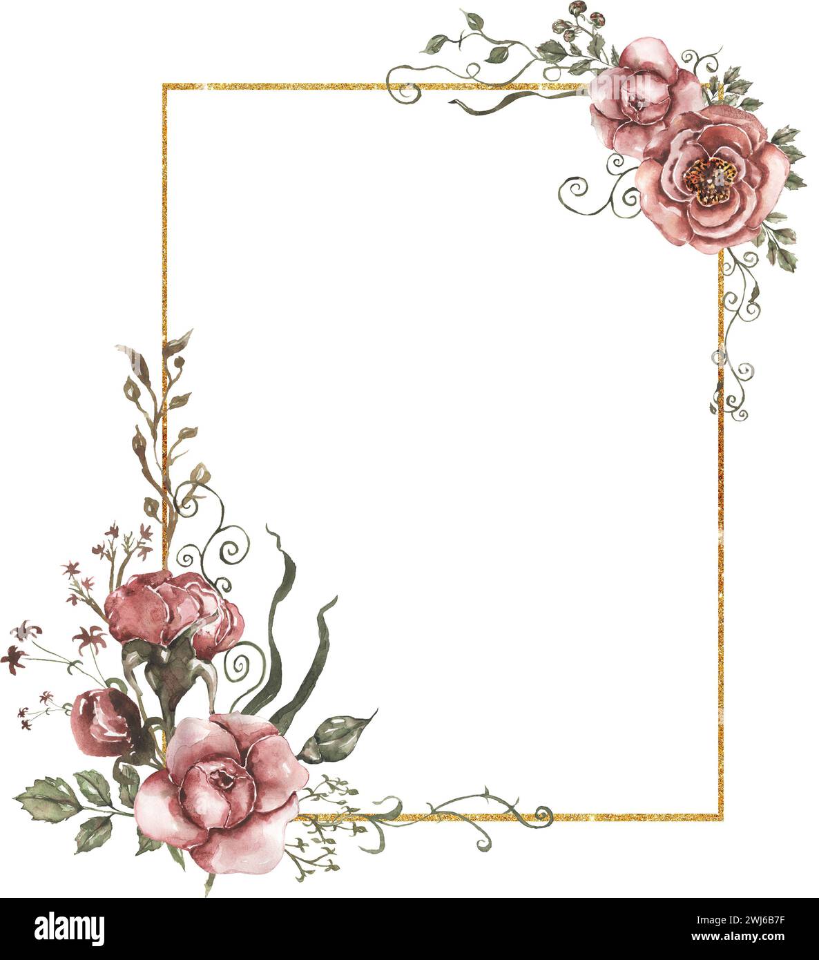 Watercolor red peony flowers, leaves and golden frame illustration Stock Photo