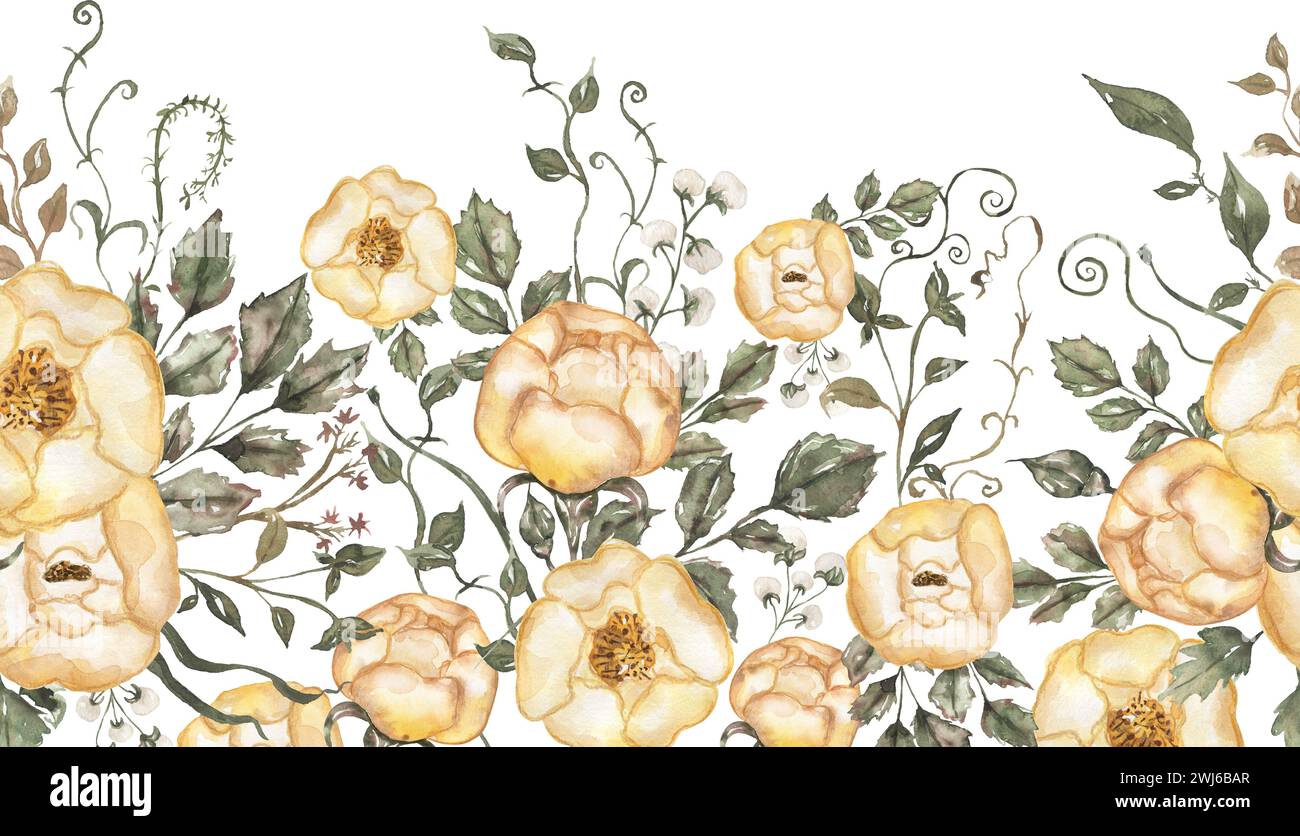 Watercolor yellow peony flowers, leaves and golden seamless border illustration Stock Photo