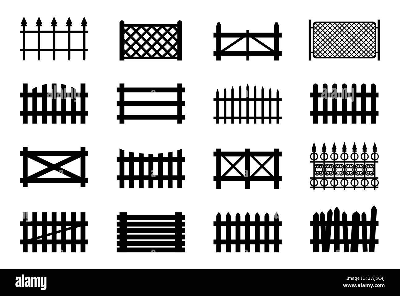 Fences set, picket, wooden and wire garden fence, park or yard obstruction, vector Stock Vector