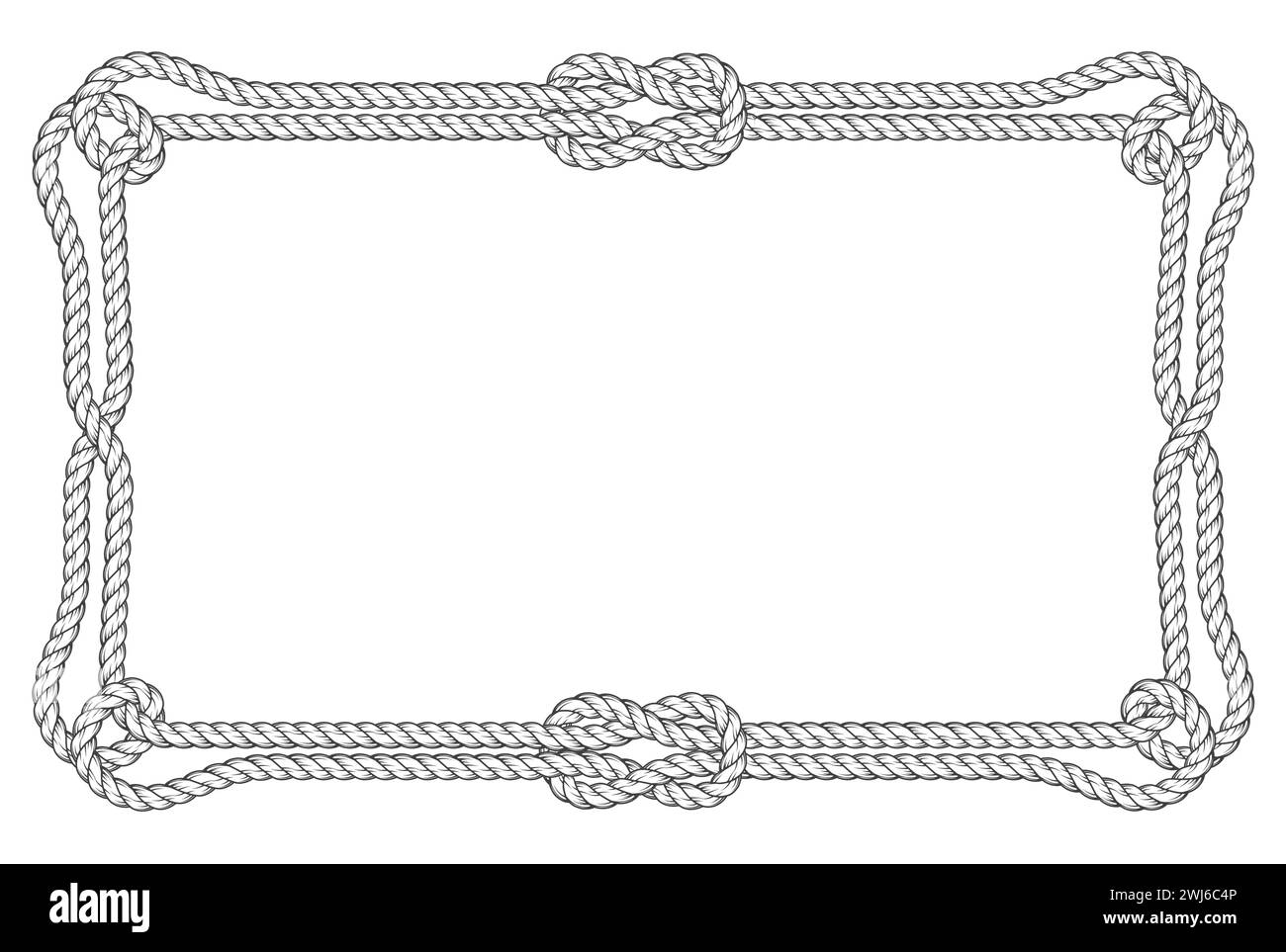 Square rope frame with corner loops, double border and knots, marine frame, vector Stock Vector